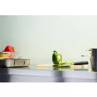 Duck Egg Satin Cladding installed in kitchen with steel work top and chef's paraphernalia.