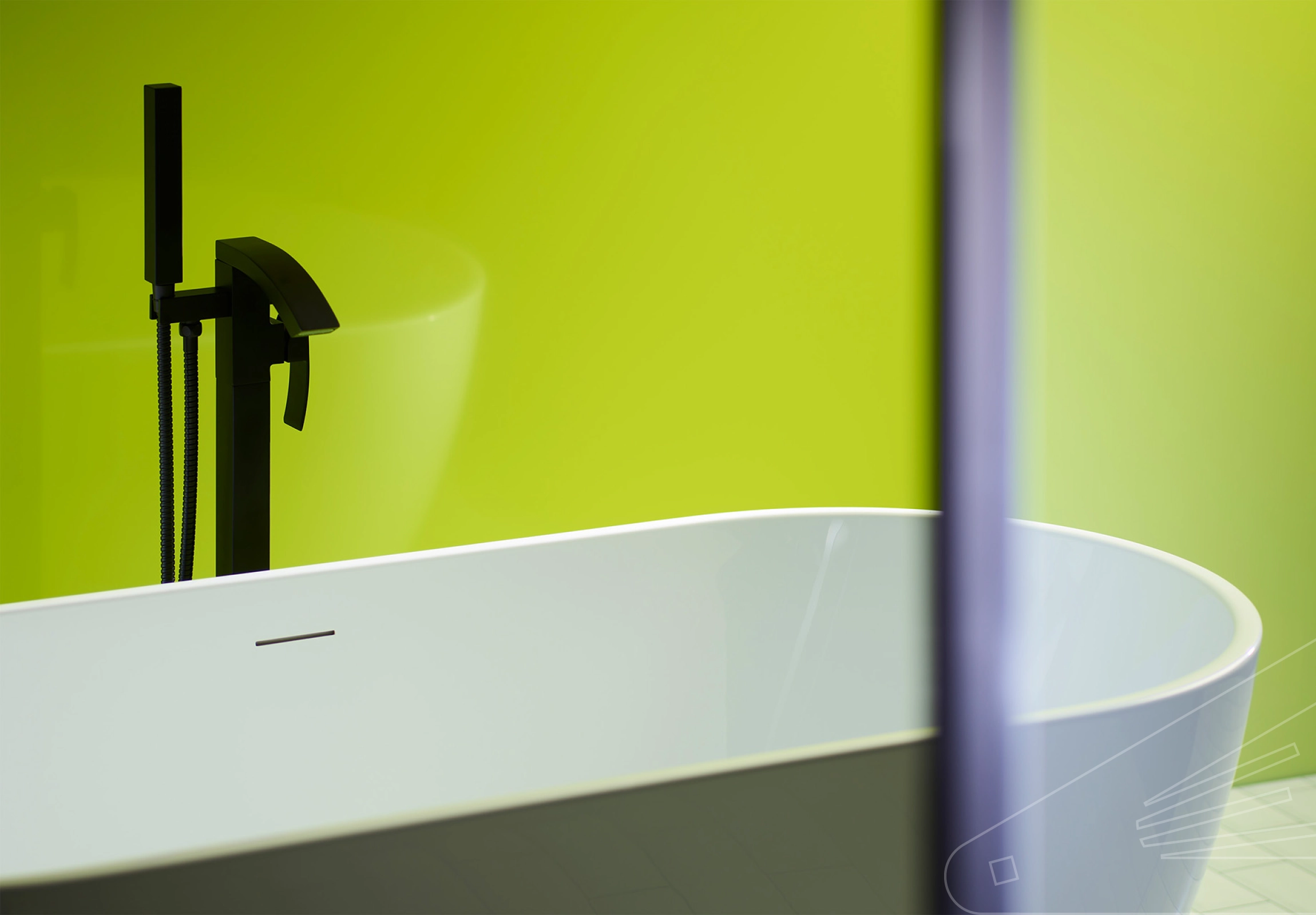 Lime Gloss Cladding installed in a bathroom  showing a white bath which is reflected in the cladding behind it, part  of a dry shower screen on the left.