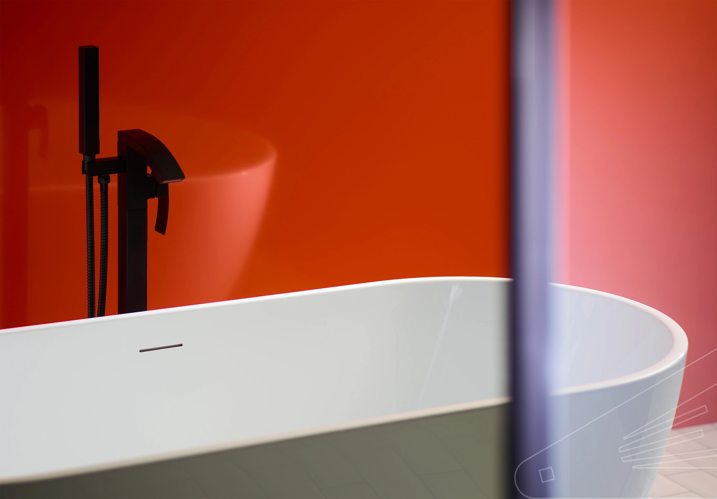 Orange Gloss Cladding installed in Bathroom with white bath, black tap unit and shower screen.