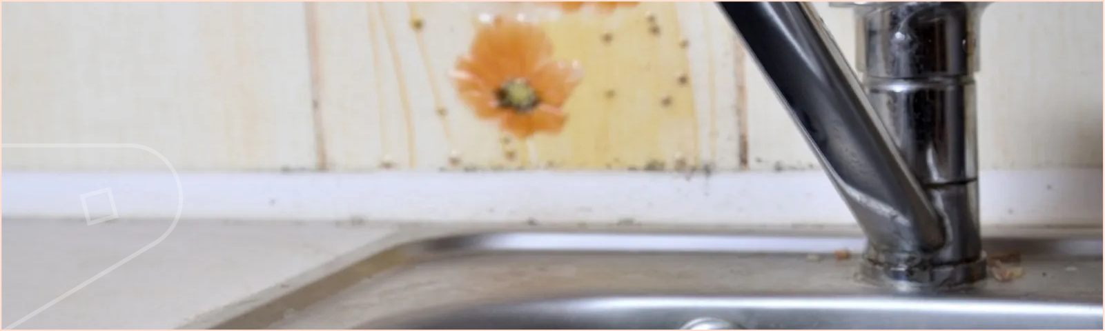 Mould and grime build up behind a silver kitchen sink