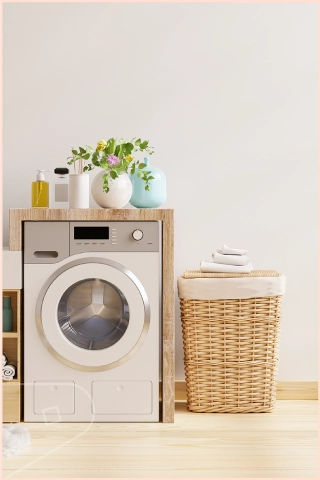 Modern utility room with a washing machine, wicker laundry basket and decorative accessories, showing a clean, practical interior space