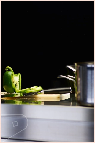 Modern commercial kitchen with stainless steel worktop and pots, green pepper and The Bold Blacks Collection Slate Gloss installed behind