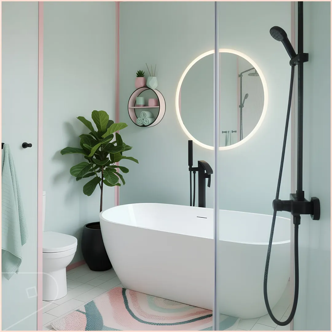 Olive cladding with Pink profiles in a bathroom.