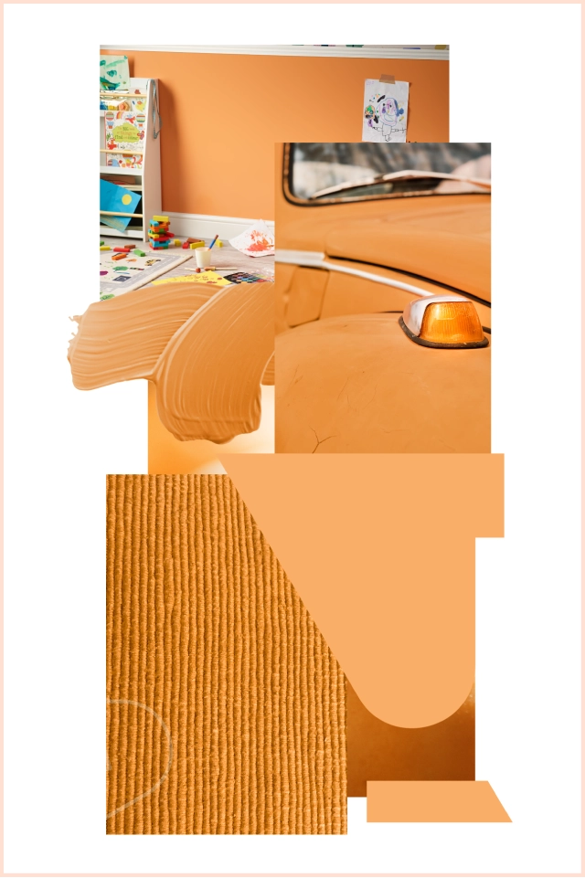 Mood board showing pink orange colours that match direct claddings Apricot pvc cladding, including, paint swatch, vintage car, material and colour swatches.