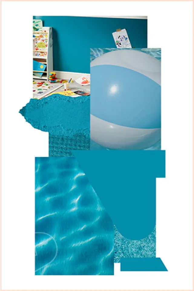 Mood board showing aqua blue colours that match direct claddings Aqua pvc cladding, including, swimming pool, paint sample, children's play room, beach ball, material and colour swatches.