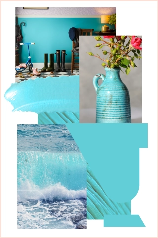 Mood board showing blue colours that match direct claddings Atlantic pvc cladding, including, paint swatch, vase, ocean, material and colour swatches.