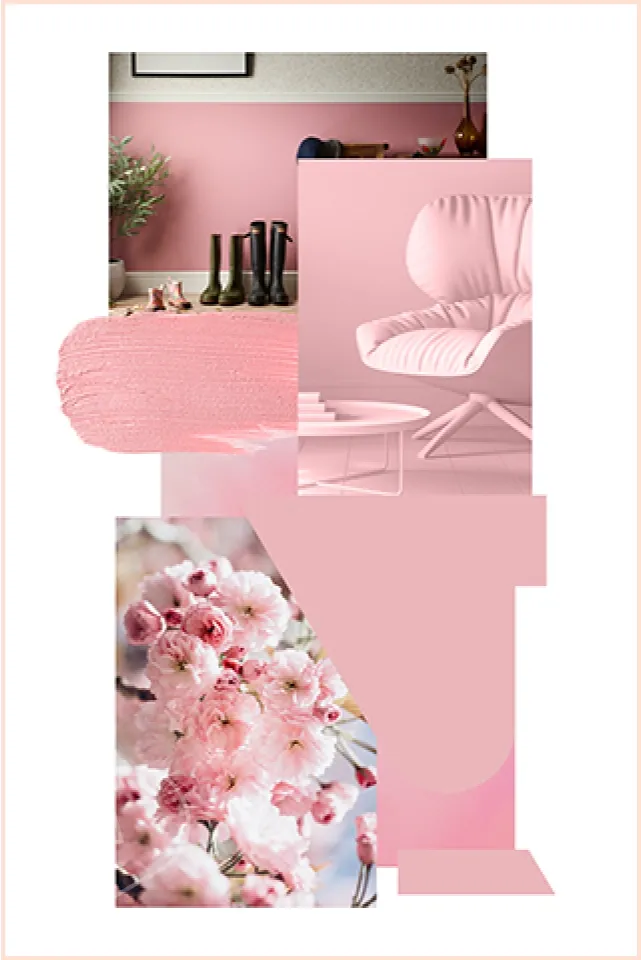 Mood board showing pale pink colours that match direct claddings Blossom pvc cladding, including, a paint sample, blossom on a tree, hallway setting, pink chair, material and colour swatches.