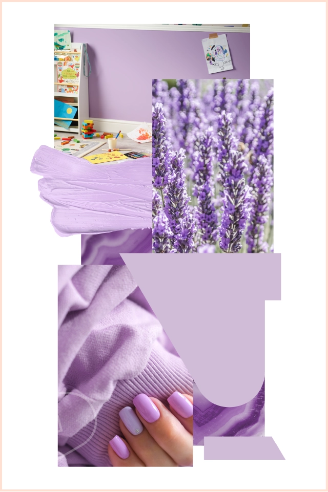 Mood board showing purple colours that match direct claddings Lavender pvc cladding, including, flowers, nails, crystal, material and colour swatches.
