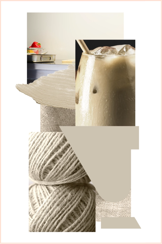 Mood board showing light beige colours that match direct claddings Linen pvc cladding, including, flax plant, balls of twine, material and colour swatches.