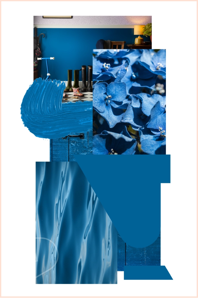 Mood board showing blue colours that match direct claddings Marine pvc cladding, including, waves, painted wood, material and colour swatches.