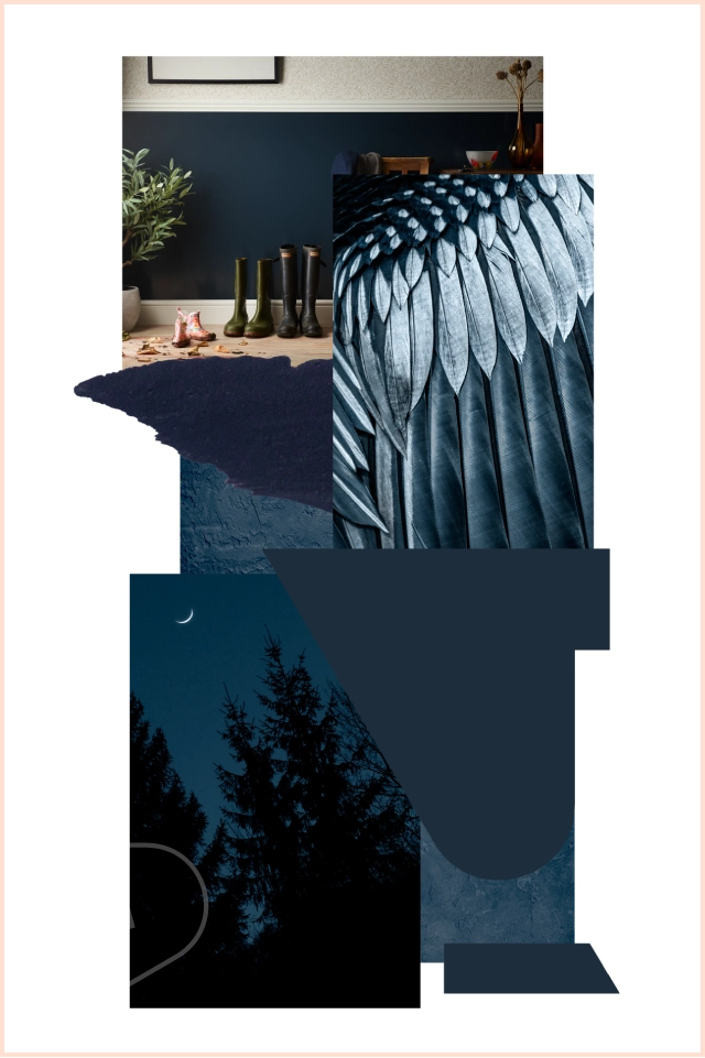 Mood board showing dark blue colours that match direct claddings Night pvc cladding, including, paint swatch, night sky, raven wing, material and colour swatches.