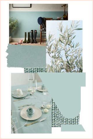 Mood board showing pale green blue colours that match direct claddings Olive pvc cladding, including, paper swatch, olive tree, table setting, material and colour swatches.
