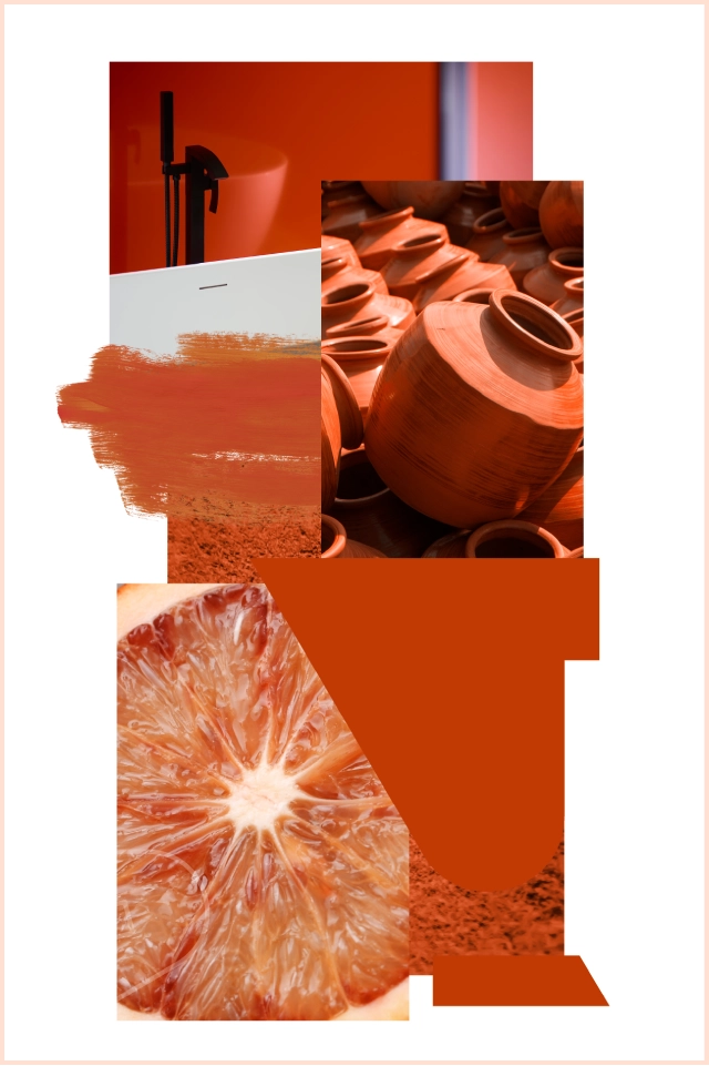 Mood board showing orange colours that match direct claddings Orange pvc cladding, including, blood orange, pottery, powders, material and colour swatches.