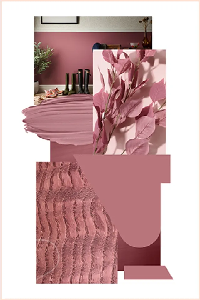 Mood board showing dark pastel pink colours that match direct claddings Rosewood pvc cladding, including, paint swatch, flowers, hallway, material and colour swatches.