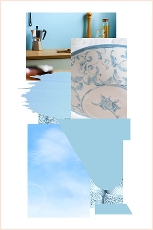 Mood board showing blue colours that match direct claddings Sky pvc cladding, including, paint swatch, kitchen scene, material and colour swatches.