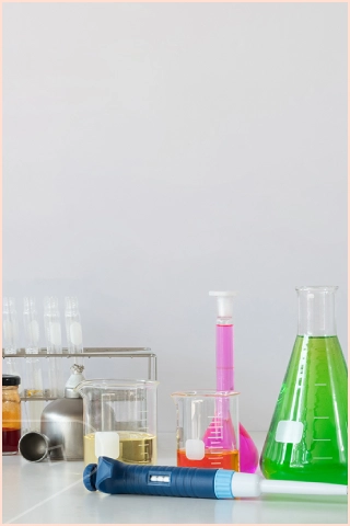 Laboratory countertop with beakers, flasks, and pipettes containing colorful liquids arranged against a white cladded wall.