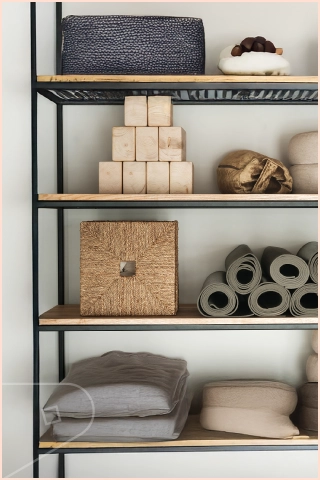 Linen Satin cladding installed behind organized shelving unit with folded towels, rolled mats, wooden blocks and woven storage boxes.