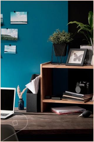 Home office desk with a laptop, camera, notebooks, plants and framed photos against a Aqua Satin plastic cladded wall.